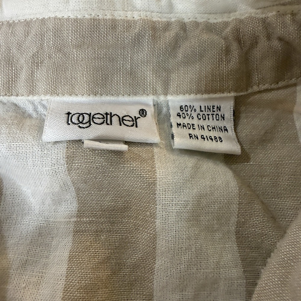Together Linen Blend Button Front Shirt Womens Large Beige White Stripe Long Sl - Picture 3 of 8
